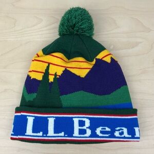 L.L. Bean Katahdin Winter Beanie Pom Hat Mountain Graphic Logo Green Blue